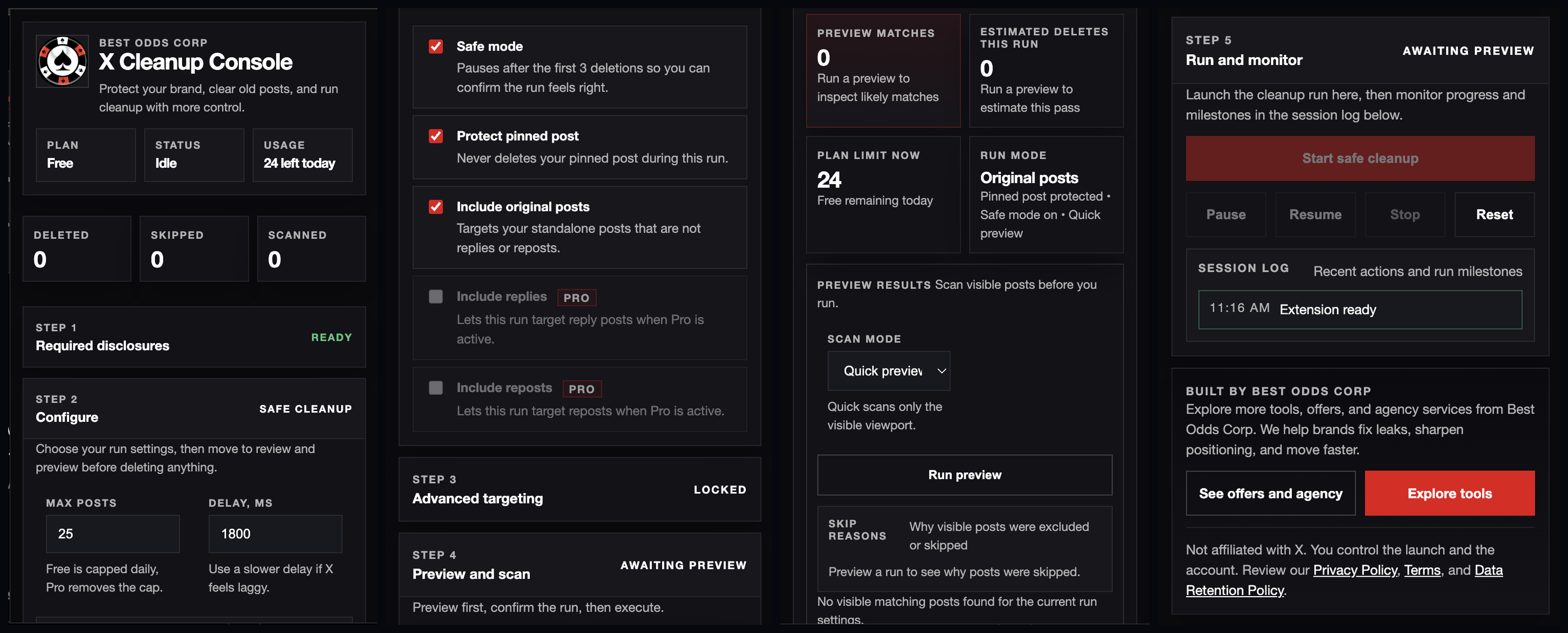 X Cleanup Console Chrome extension UI showing bulk post deletion controls, required disclosure checkboxes, and execution controls panel overlaid on the Best Odds Corp X profile